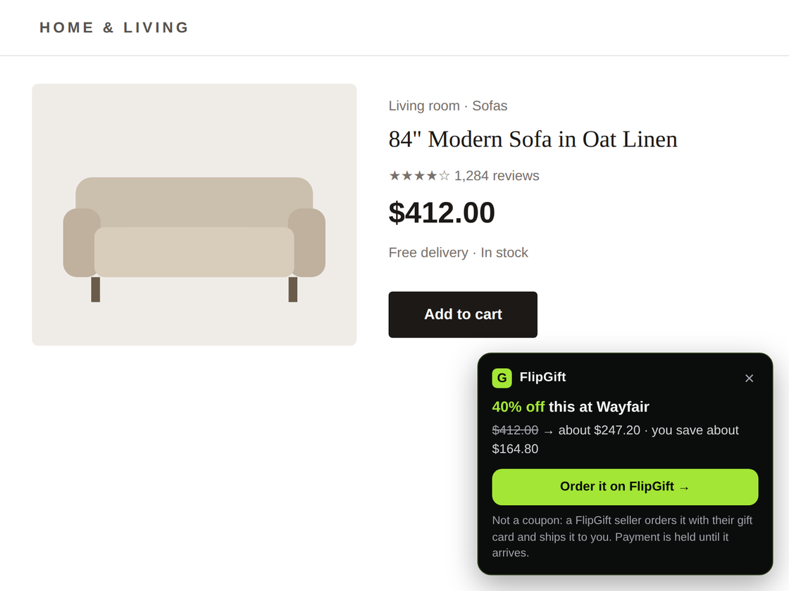 A store’s product page with a small FlipGift card in the corner: 40% off, the price before and after, and an Order it on FlipGift button
