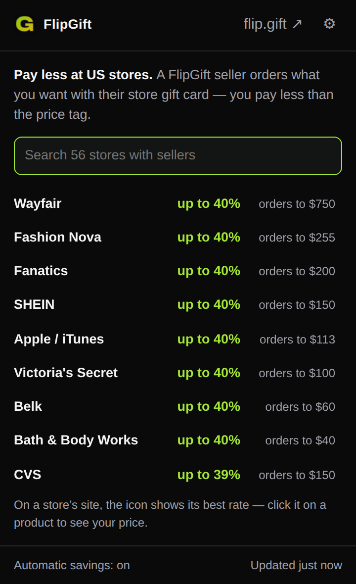 The FlipGift popup away from a store: a searchable list of stores with sellers, each with its best discount and the largest order covered
