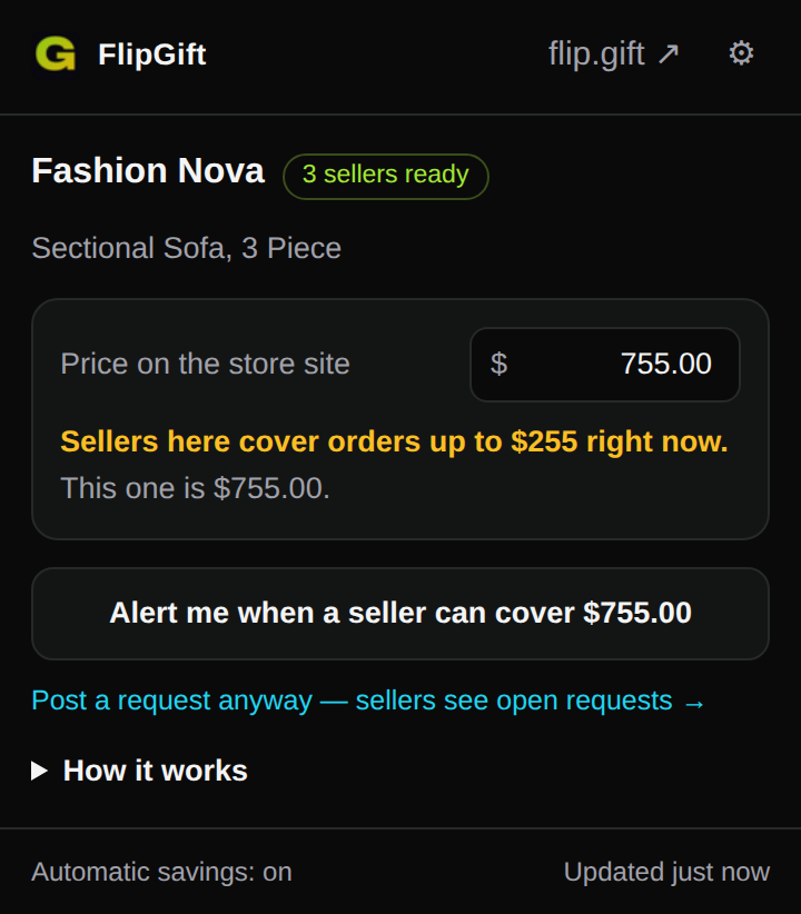 The FlipGift popup on an order larger than sellers cover today, with an Alert me button