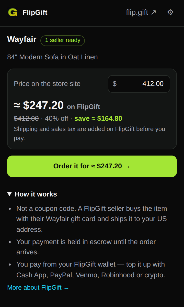 The FlipGift popup on a product page: the store’s price, the FlipGift price with the saving, and a button that opens the order form