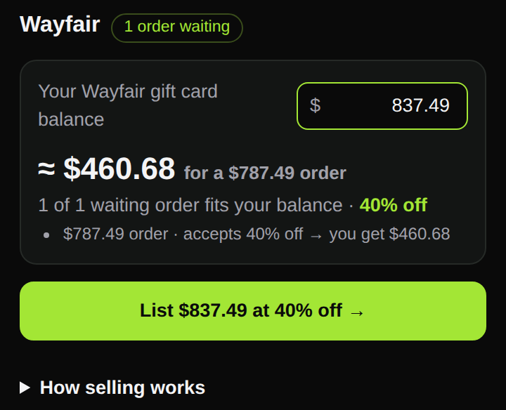 The FlipGift popup on its Sell side: a balance typed in, the cash a waiting order would pay for it, and a button that lists the balance