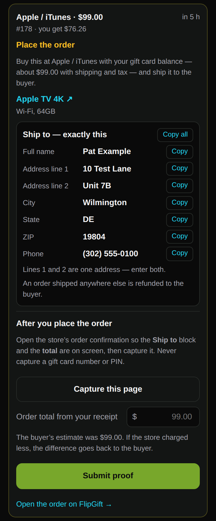 The FlipGift popup for a connected seller: the item to order, the ship-to address with a copy button per field, the deadline, a Capture this page button and the order total